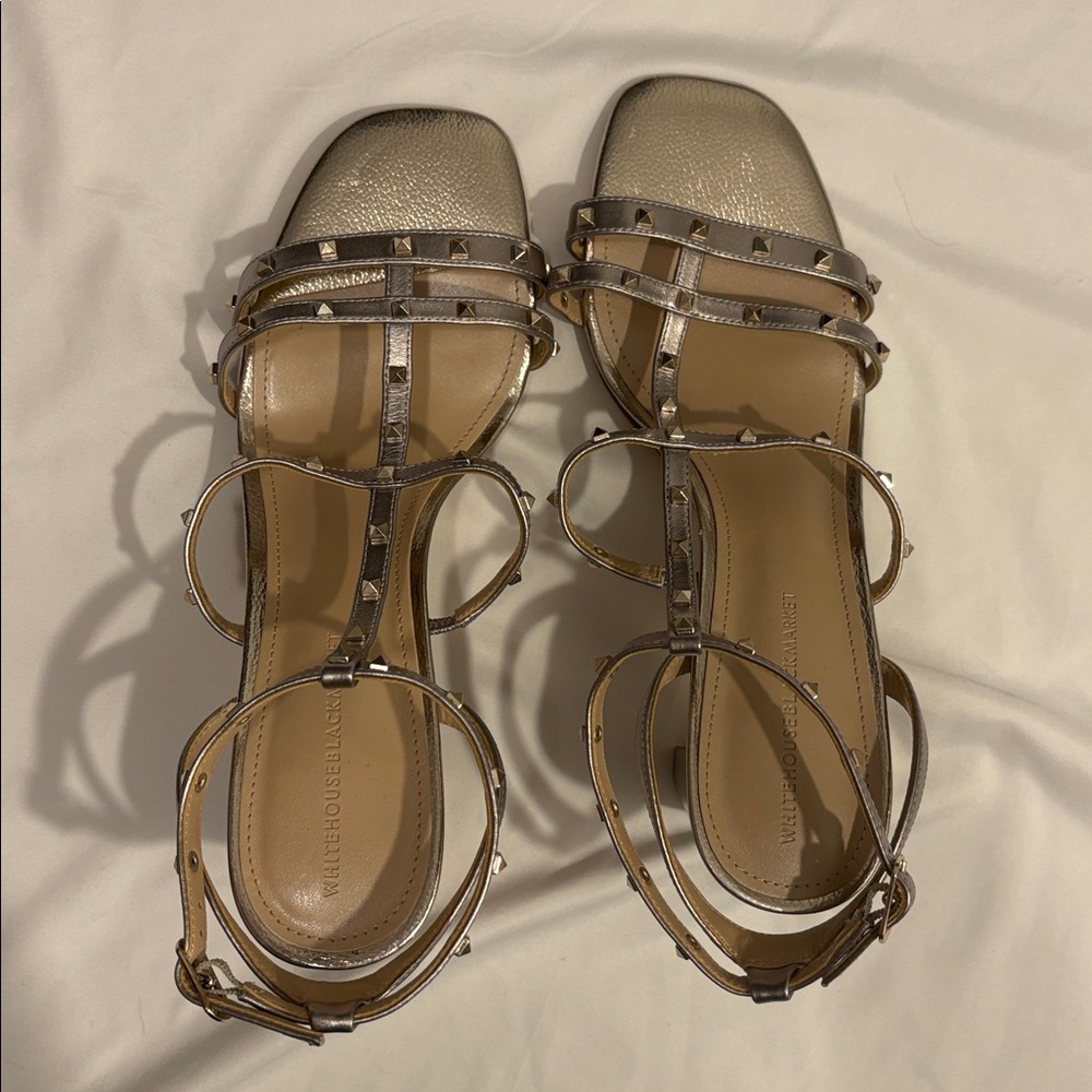 WHBM Cindy Metallic Leather Strappy Studded Block Heel Sandals - Picture 6 of 9
